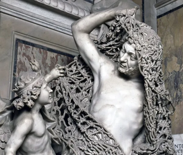 Disillusion by Francesco Queirolo, a man pulling free of a marble net with a winged genius beside him