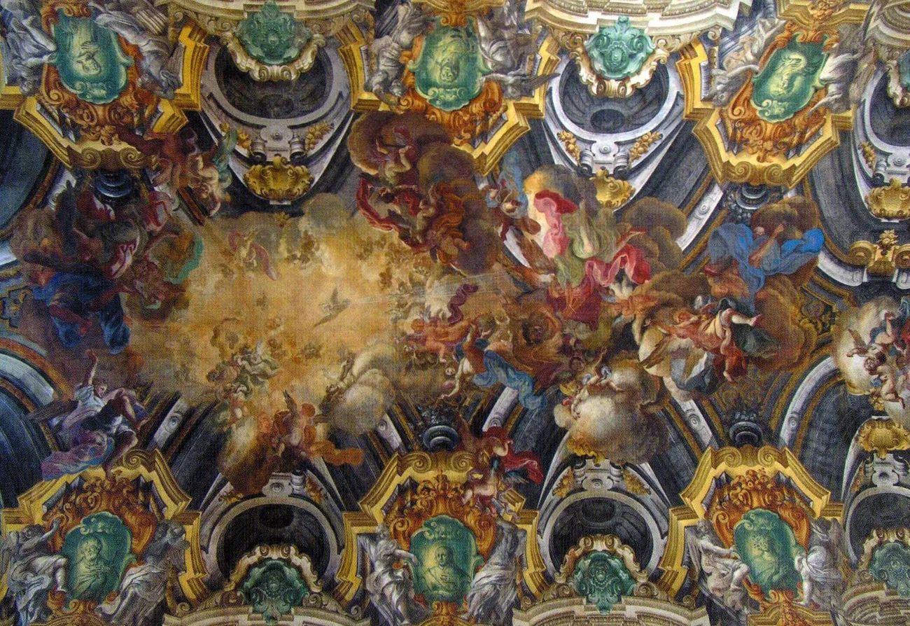 The vault fresco of the Cappella Sansevero, gilded painted architecture opening into clouds and saints